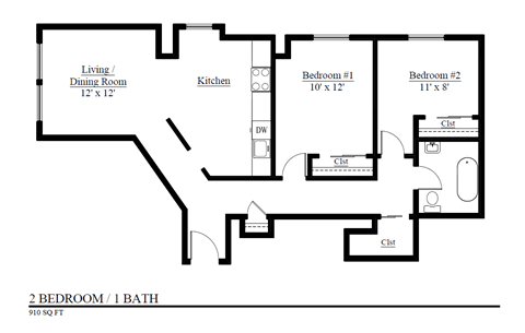 Floor plan for 2 beds, 1 bath, 910 sqft